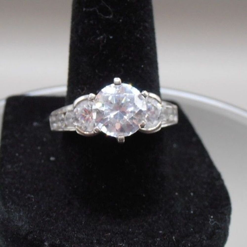 VTG Silver Plated 925 Stamped Three-Stone CZ Engagement Style Ring Sz 8